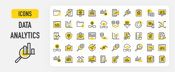 Data analytics icons. Database, Laptop, Stock Market, Data Science, Statistics, Prediction, Data Report, Development, Cloud Server, Target, Management stroke vector illustration.	
