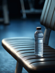 Plastic water bottle on gym bench with blue lighting