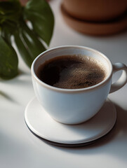 Steaming cup of coffee with plant in background