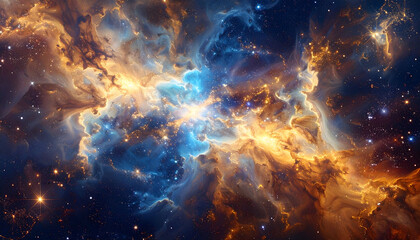 Naklejka premium Cosmic Nebula in Blue Gold Hues