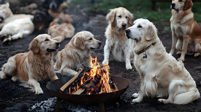 Golden retrievers gather around a campfire.  Several dogs, various shades of gold, sit and lie in a circle around a fire pit.  Flames rise from burning logs