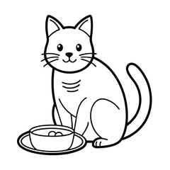 Outlined Cat Eating from Bowl – Pet Feeding Vector Icon