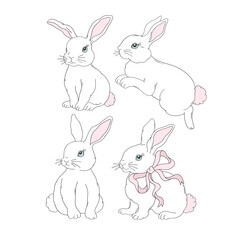 Cute Vintage Easter Bunnies with Pastel Pink Ribbon Bow in Coquette Style Vector Illustration Isolated on White. Great for Easter greeting cards, children decor, spring party invitations, digital