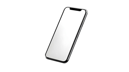Smartphone showing blank white screen, floating angle, on isolated transparent background