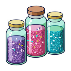 Assortment of small glass jars filled with sparkling sequins isolated on white background