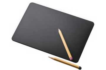 Realistic graphic tablet with pencils illustration, digital art tool, drawing surface, creative design element, isolated on transparent background