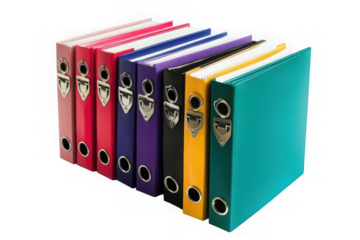 Colorful ring binders row illustration, office supplies and equipment, school and business stationery, pink, red, purple, black, yellow, green isolated on transparent background