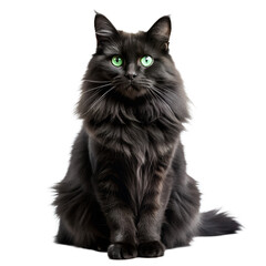 Obraz premium Majestic fluffy black cat with striking green eyes sitting elegantly isolated on transparent background