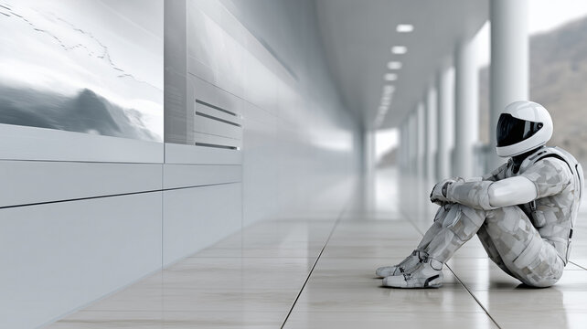 Man in a white spacesuit sits on the floor in a large room with a wall of monitors behind him. data, coding, artificial intelligence, software and futuristic user interfaces.