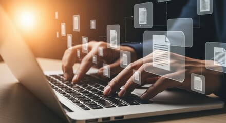 Hands typing on laptop with digital document icons, symbolizing efficiency and file management in business