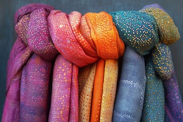 Vibrant collection of knotted scarves showcasing diverse colors and patterns, perfect for fashion and warmth