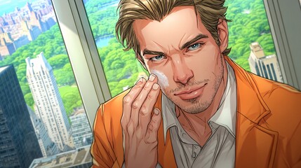 illustration of a sporty man applying facial cream as he stands before a window overlooking a vibrant, active city park. The light is fresh and morning-like, connecting his routine to an energetic 