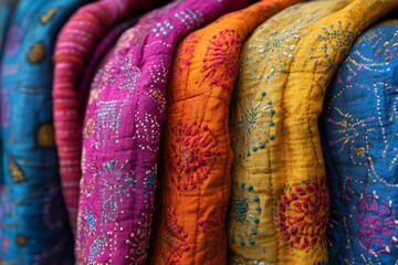 Vibrant handmade quilted blankets with intricate embroidery showcase traditional craftsmanship