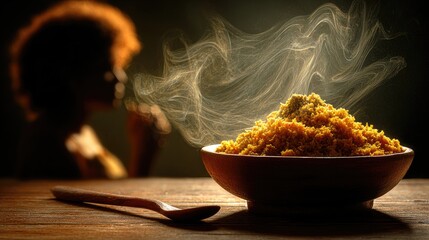 Warm Yellow Rice in a Brown Bowl Steaming on Wooden Table