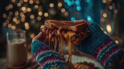 Warm Melted Cheese Sandwich in Knitted Gloves