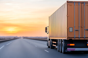 Truck driving on a highway at sunset. A cargo truck is on a road, with a warm sunset behind it. Motion and transportation imagery.