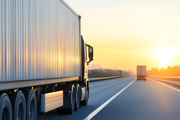 Trucks drive on a highway at sunrise, highlighting logistics and transportation. Serene morning scene showcases the movement of goods.