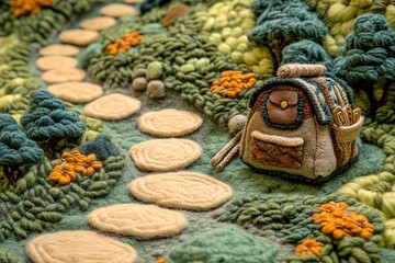 Fototapeta premium Felted Backpack on Colorful Wool Landscape with Trees and Pathway
