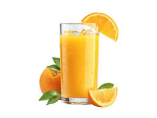 Vibrant orange juice beverage with ice and citrus garnish glass, Isolated, Transparent Png