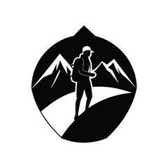 Hiker Carrying Backpack On Mountain Trail View Line Art Vector illustration