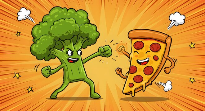 Cartoon broccoli throwing a punch at a cartoon pizza slice on an orange radial background with stars