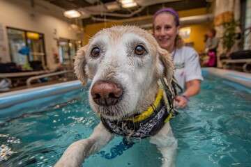 Therapeutic hydrotherapy for senior dog with caring therapist. Innovative pet care. Vet's guide to enjoyable and secure water activities with your dog. Safe dog pools. Dog swimming tips.