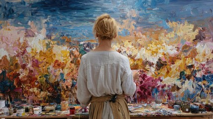 Woman Artist Painting Large Abstract Artwork in Studio