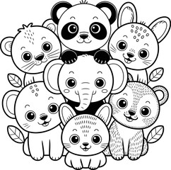 Cute Baby Animal Group Illustration – Black and White Line Art