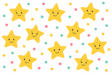 Cheerful yellow stars dancing with vibrant confetti against transparent backdrop, perfect for playful children's graphics and celebratory visual compositions