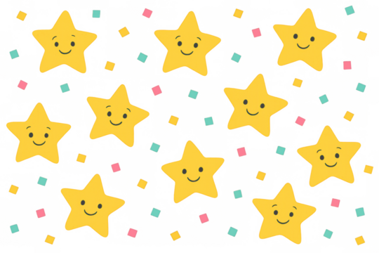 Cheerful yellow stars dancing with vibrant confetti against transparent backdrop, perfect for playful children's graphics and celebratory visual compositions