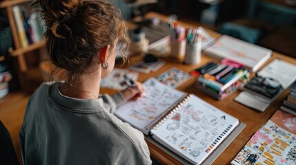 Woman Drawing in Sketchbook at Wooden Desk
