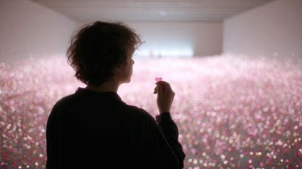 Woman Holding Pink Flower in a Field of Pink Flowers, Soft Light