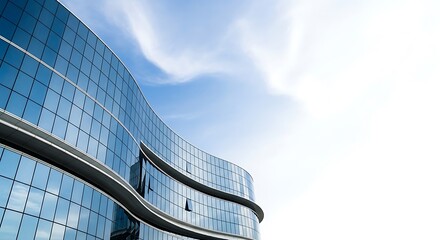 Illustration of modern glass building curves against a bright blue sky