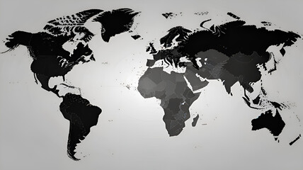 A dark, monochromatic political world map showing landmasses in various shades of grey.