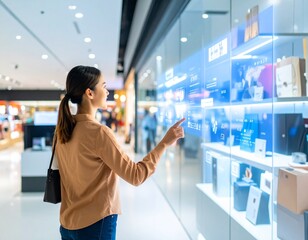 A customer standing in front of a shop window interacting with an augmented reality display. Futuristic retail concept showcasing digital shopping experience, smart marketing, and virtual product info