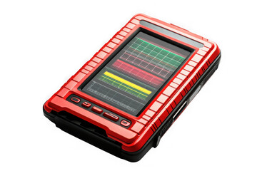Red automotive diagnostic scan tool scanner device with screen displaying data and buttons isolated on transparent background