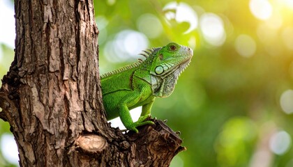 Green iguana on a tree trunk