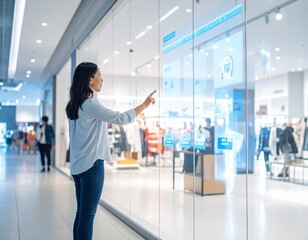 A customer standing in front of a shop window interacting with an augmented reality display. Futuristic retail concept showcasing digital shopping experience, smart marketing, and virtual product info