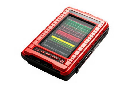 Red automotive diagnostic scan tool scanner device with screen displaying data and buttons isolated on transparent background