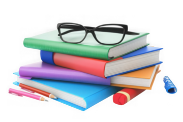 Stack of colorful books with reading glasses, pencils, and eraser for education and learning concepts, isolated on transparent background