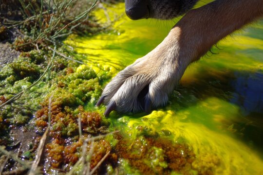 Close-up of dog's paw touching pond reveals algae reflection. Algae in parks. Heavy rain and heatwave increase uk risks of toxic algae in dog walking areas. Pet health checks.