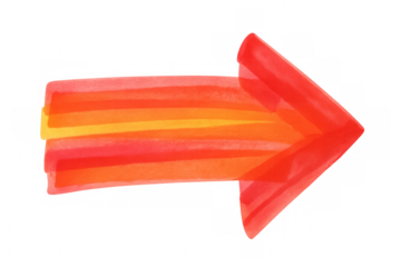 Red and orange gradient watercolor arrow pointing to the right, isolated on transparent background, ideal for indicating direction