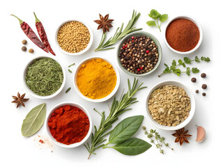 A vibrant set of isolated dry spices and aromatic herbs including red chili, paprika, and green seasonings in bowls on white