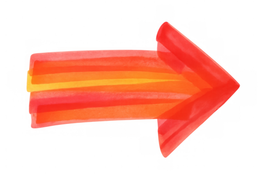 Red and orange gradient watercolor arrow pointing to the right, isolated on transparent background, ideal for indicating direction
