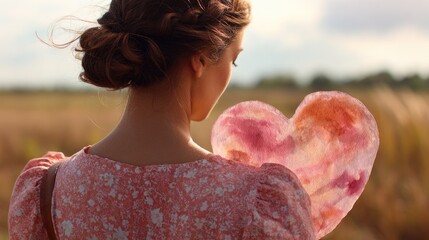 Woman in Pink Dress Holding a Heart Shaped Object in a Field at Sunset