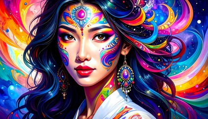Naklejka premium Vibrant, colorful portrait of a woman with intricate face paint and jewelry