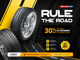 Tire car advertisement poster. Landscape poster. Web design. Information. Store. Action. Digital banner. Flyer. Booklet. Brochure. 