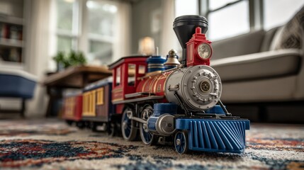 Vintage toy train on colorful carpet in bright living room setting