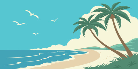 Sunny beach landscape vector with smooth shoreline, clear ocean waves, tropical leaves, and bright sky — colorful, premium quality summer background.