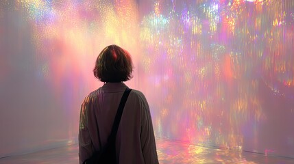 Woman Observing a Colorful Light Installation